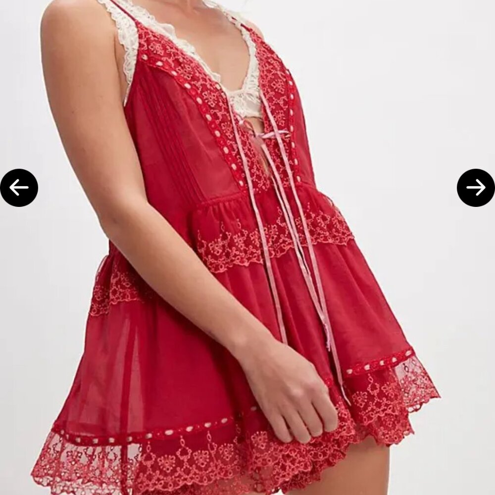 Free People Red Lace Trim Tiered Romper Dress